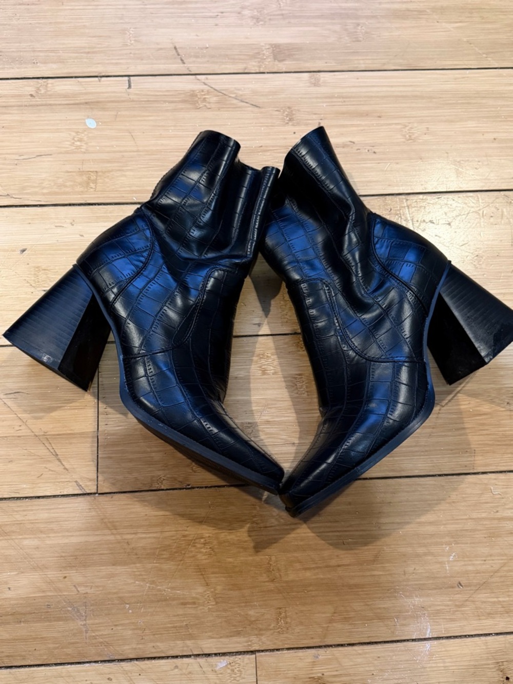 Princess Polly Black Croc-Embossed Pointed Toe Block Heel Booties